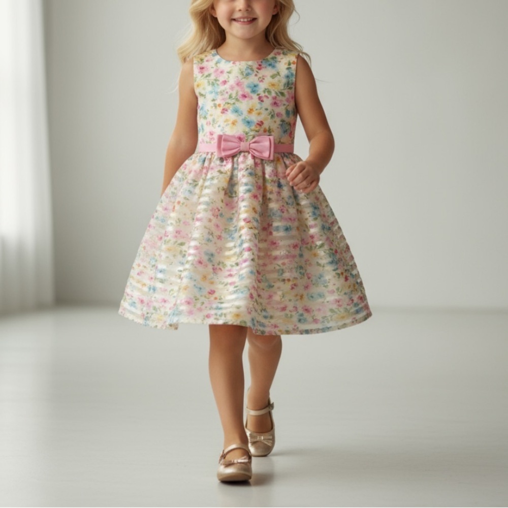 Jona Michelle Multicolor Floral Dress with Pink Bow Size 6